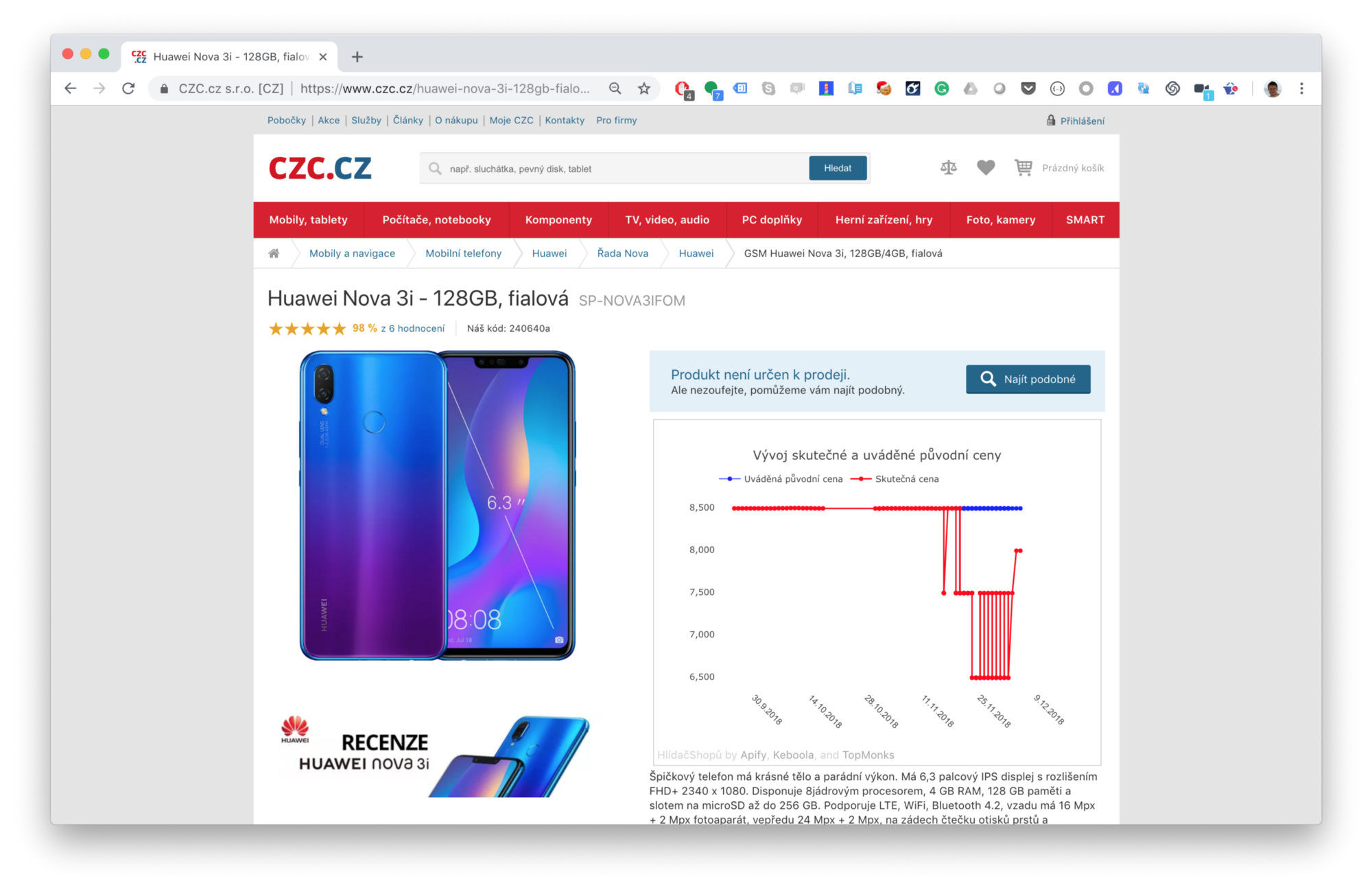snímek obrazovky mobilu (který se již neprodává) na webu czc.cz