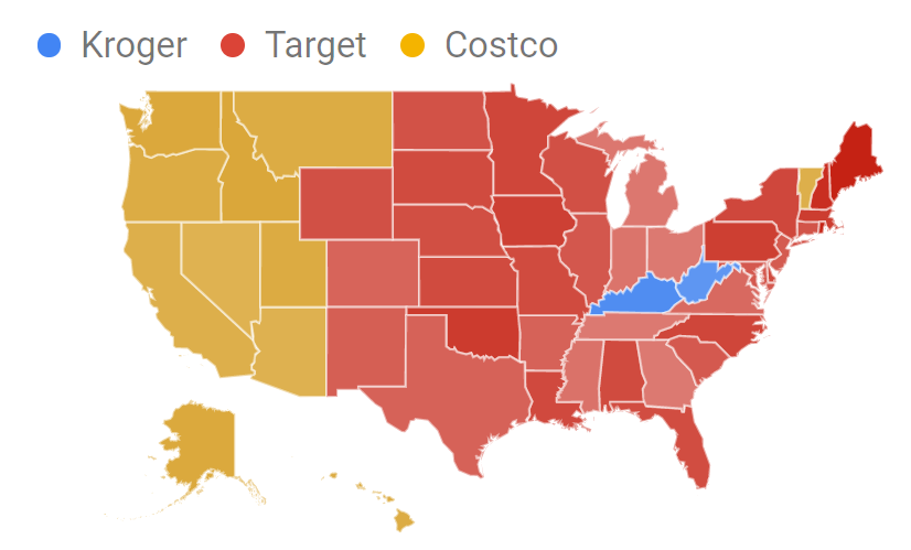 Map illustting US devided between Kroger, Target and Costco.
