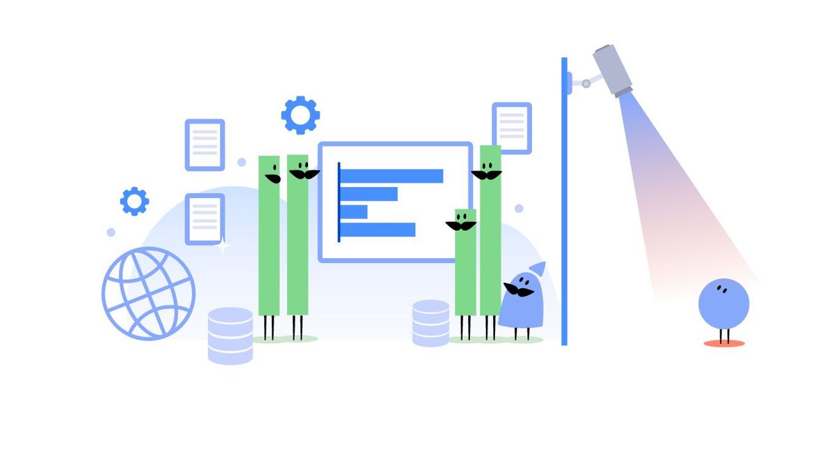 illustration of characters analysing a graph of another character which is in the spotlight