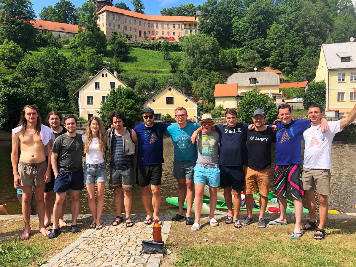 Jana with the guys on a team building weekend on the river