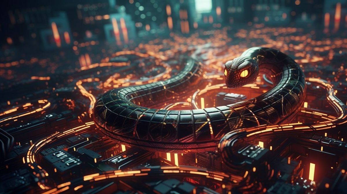 Illustration of digital snake coiling itself around nodes on a circuit board for Python and APIs post