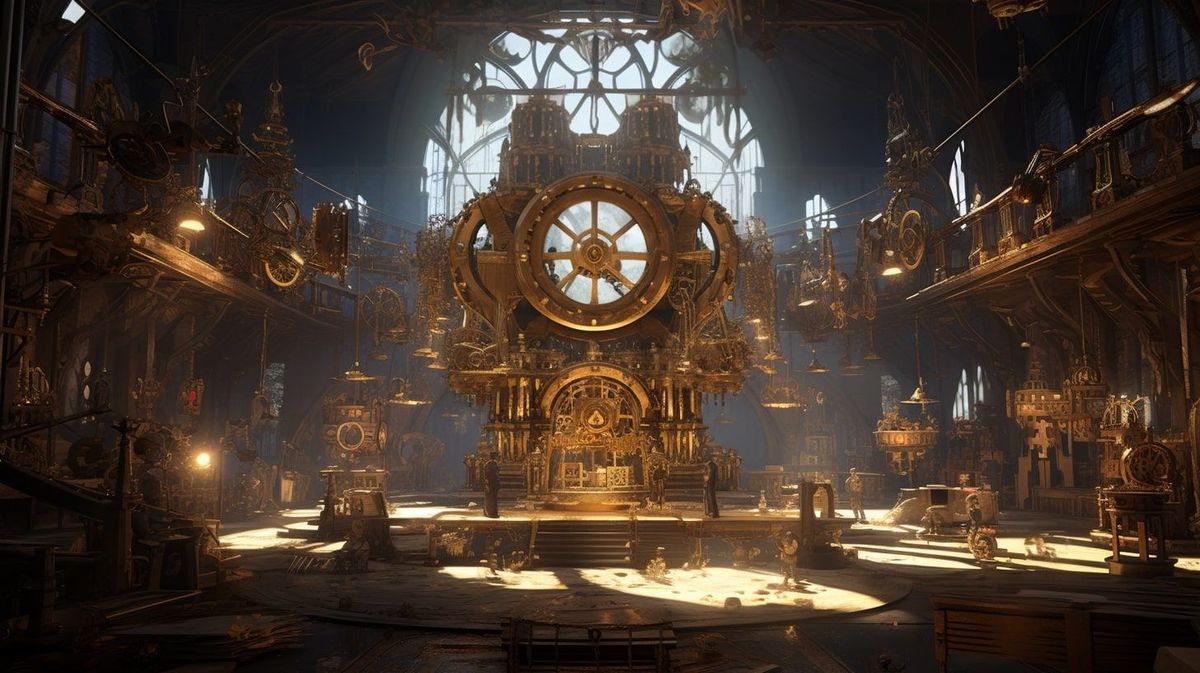 Parts and tools in workshop with clocktower. Metaphor for page object model automated testing using Selenium and Python.