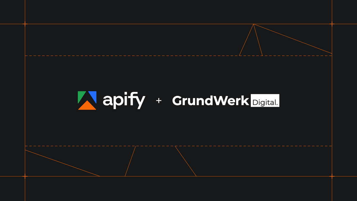 Apify and Grundwerk Digital logos side by side on a dark background with orange guide lines.