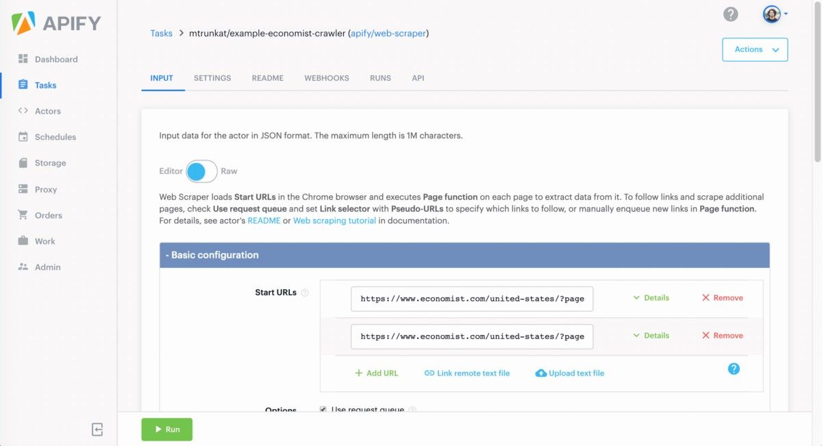 Basic task configuration on Apify.