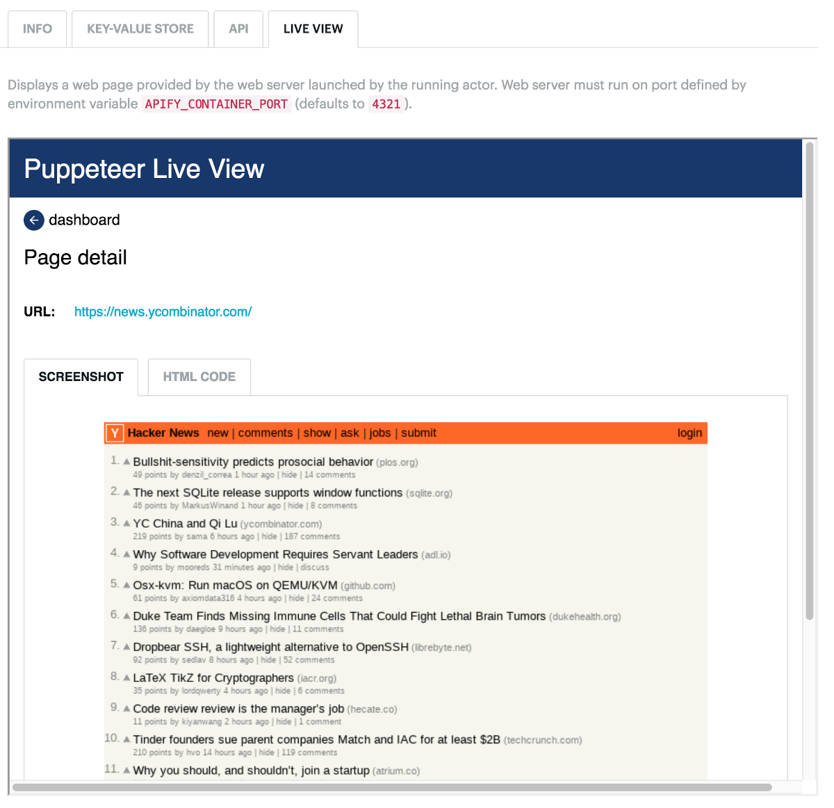 Live view of running Actors on public hostname