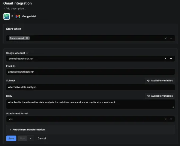 Filling out the Gmail integration form