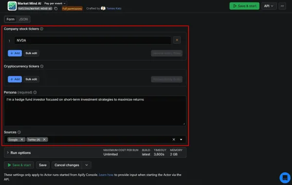 Populating the input fields for Market Mind AI