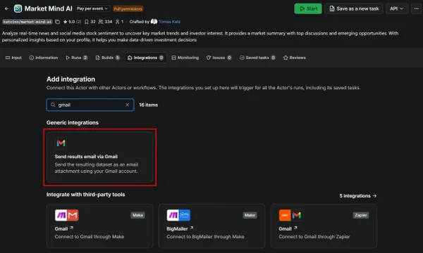 Selecting the Send results via Gmail option