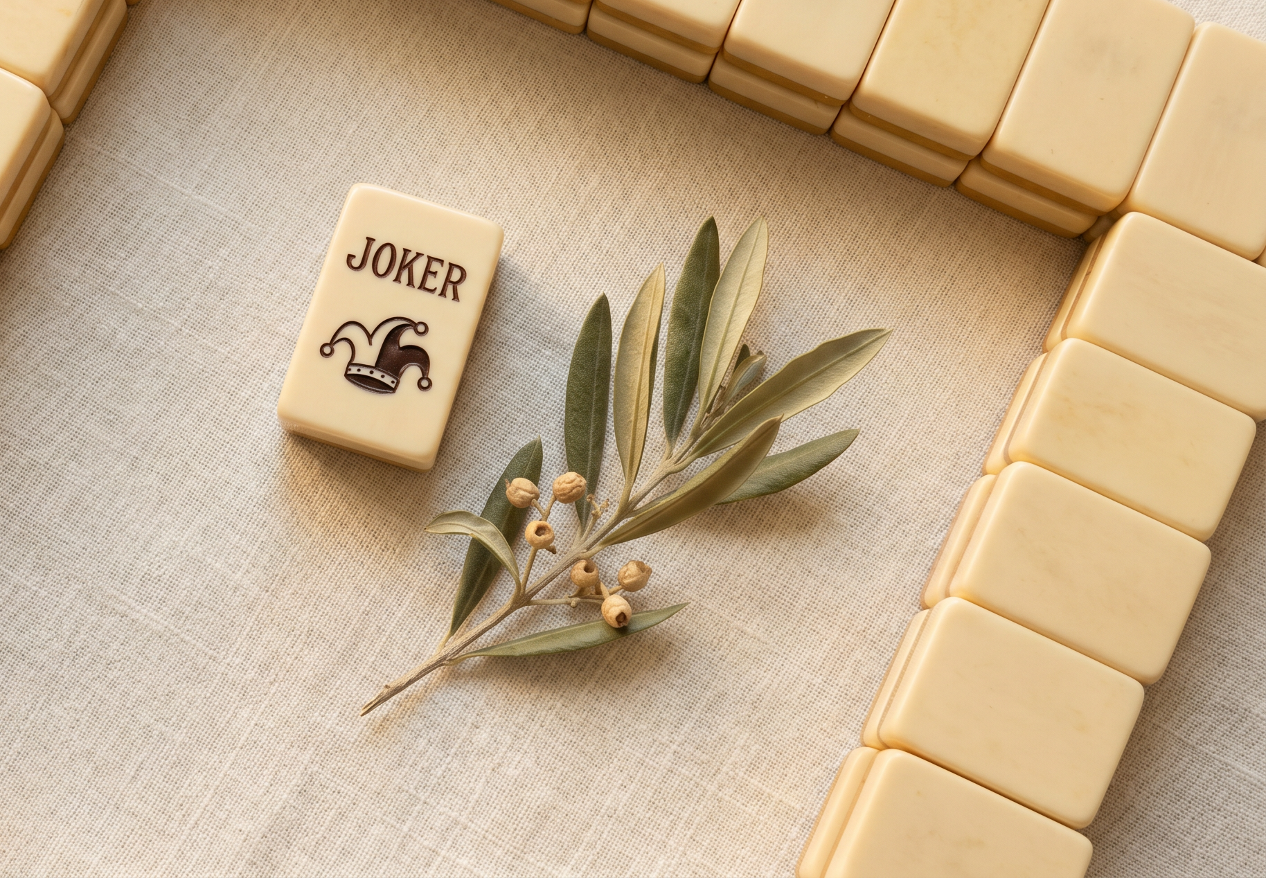 A vintage cream mahjong tile wall with one Joker tile turned face up, beside an olive branch on cream linen.