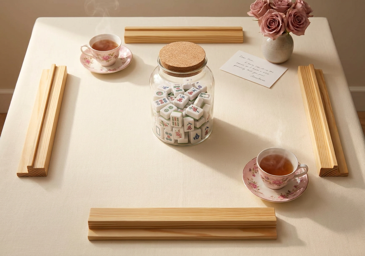 Two teacups, two mahjong racks at the edges of a Mother's Day table.