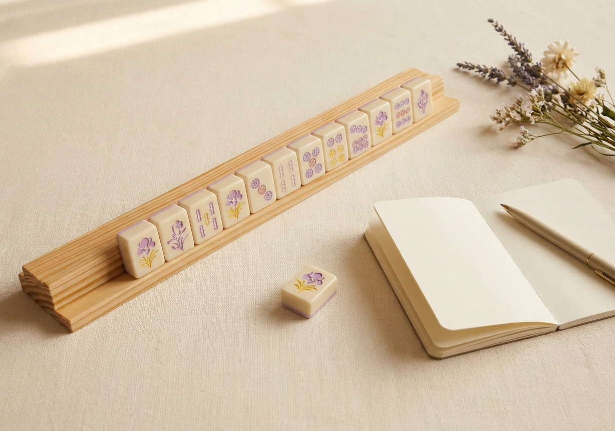 A single beginner's mahjong rack beside an open notebook in soft warm light.