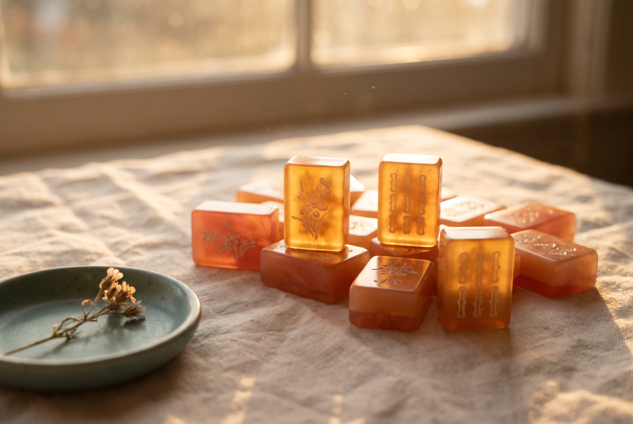Vintage butterscotch and amber Bakelite mahjong tiles glowing in warm light