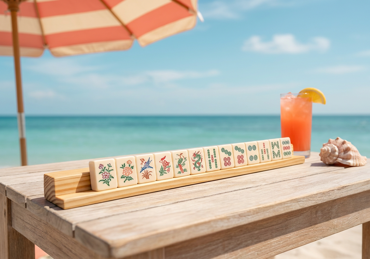 A mahjong rack of tiles on a beach resort table with the ocean behind