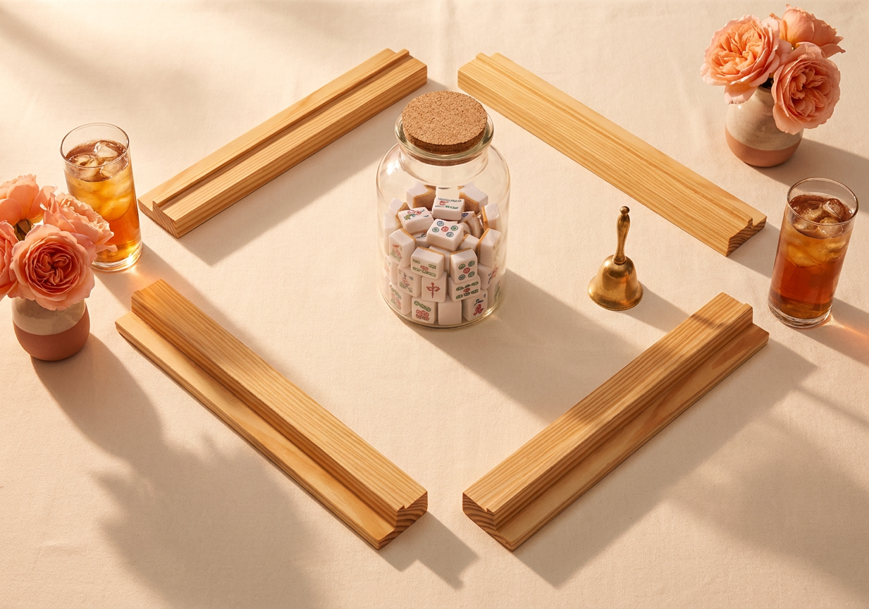 An American Mahjong table set for a summer evening, empty racks around a jar of tiles
