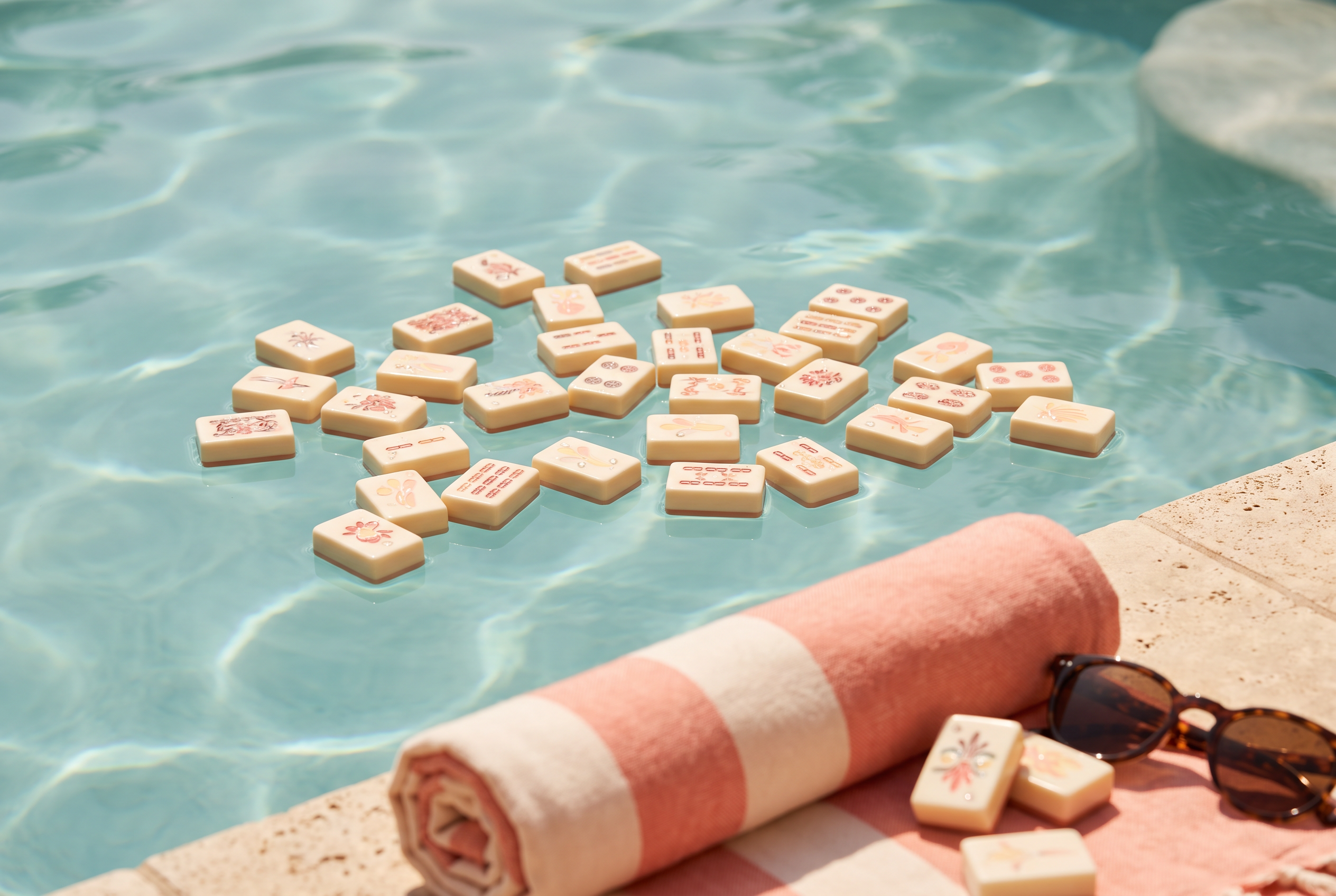 American Mahjong tiles floating on a sunlit pool beside a striped towel