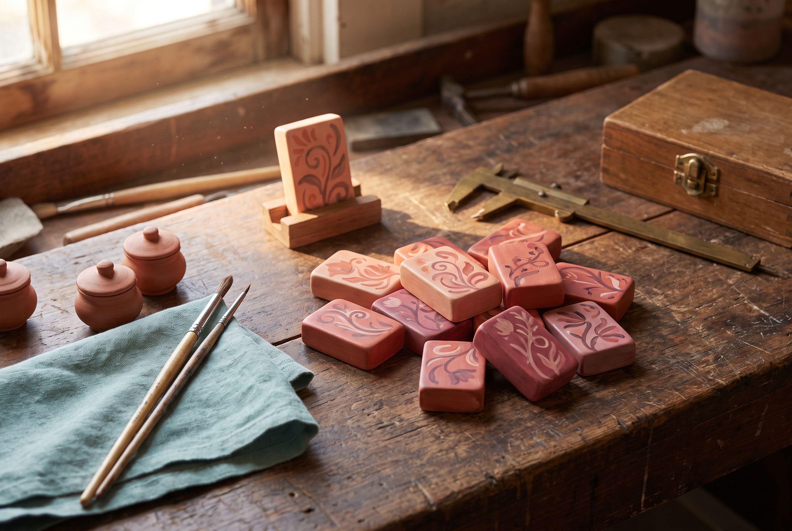 A heritage tilemaker's workbench with hand-painted mahjong tiles