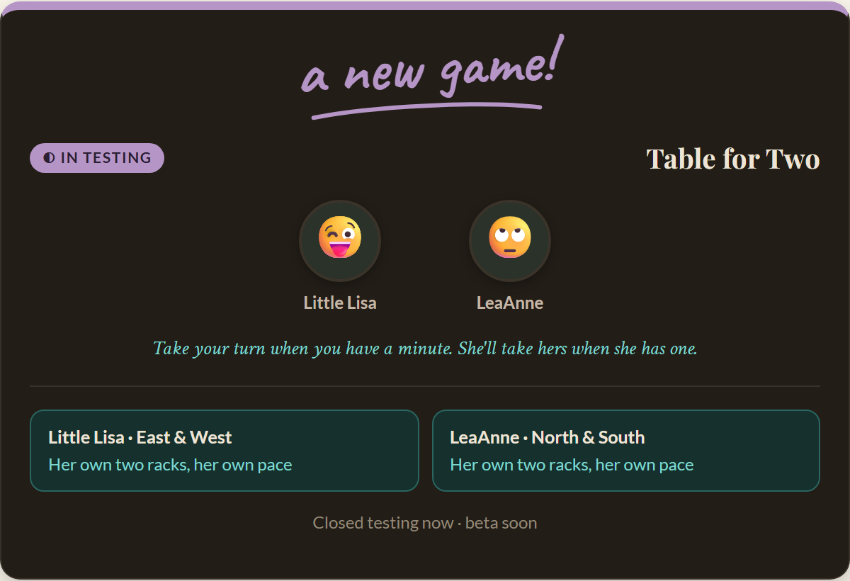Table for Two, in testing. Little Lisa plays East and West, LeaAnne plays North and South. A new game.