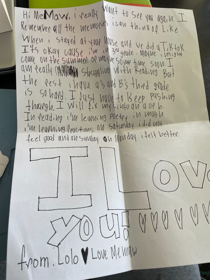 A handwritten letter from Lo Lo to her Memaw, ending with a very large I LOVE YOU.