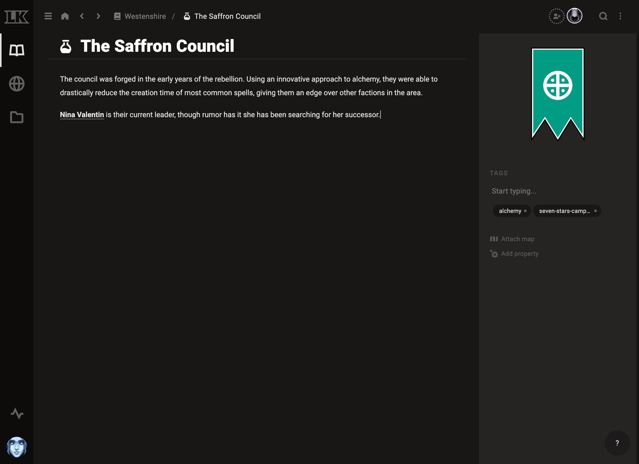 A screenshot of LegendKeeper with a faction banner.