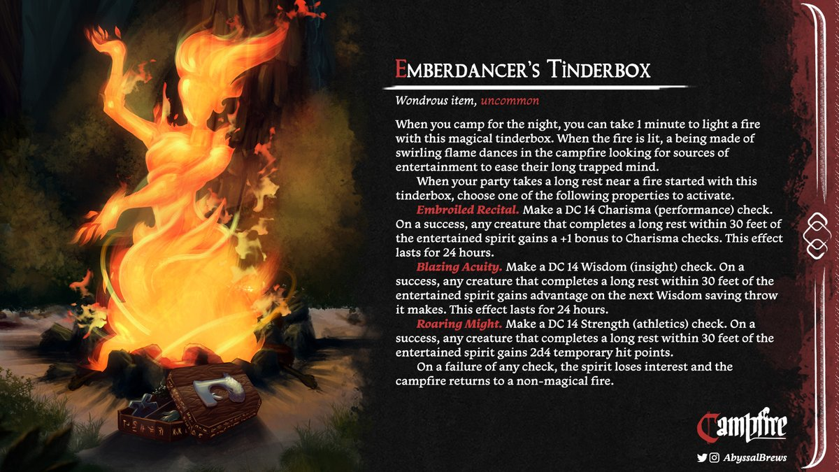 Illustration for Emberdancer's Tinderbox. A free magic item for 5e by Abyssal Brews.