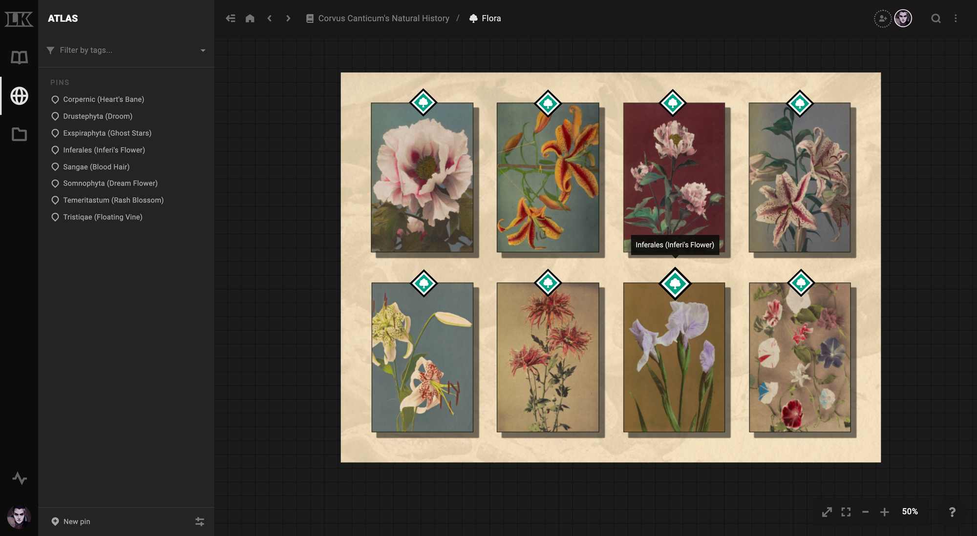 Using the LegendKeeper Atlas to display an encyclopedia of fantasy plants.