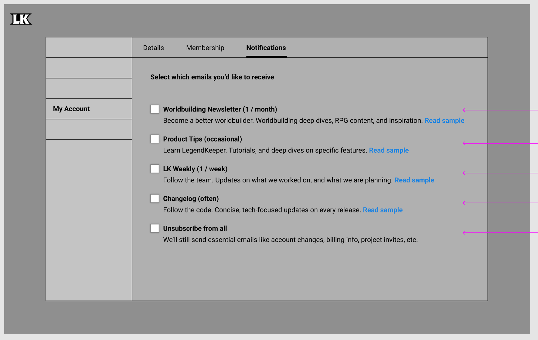 Wireframes for a simple notifcations screen.