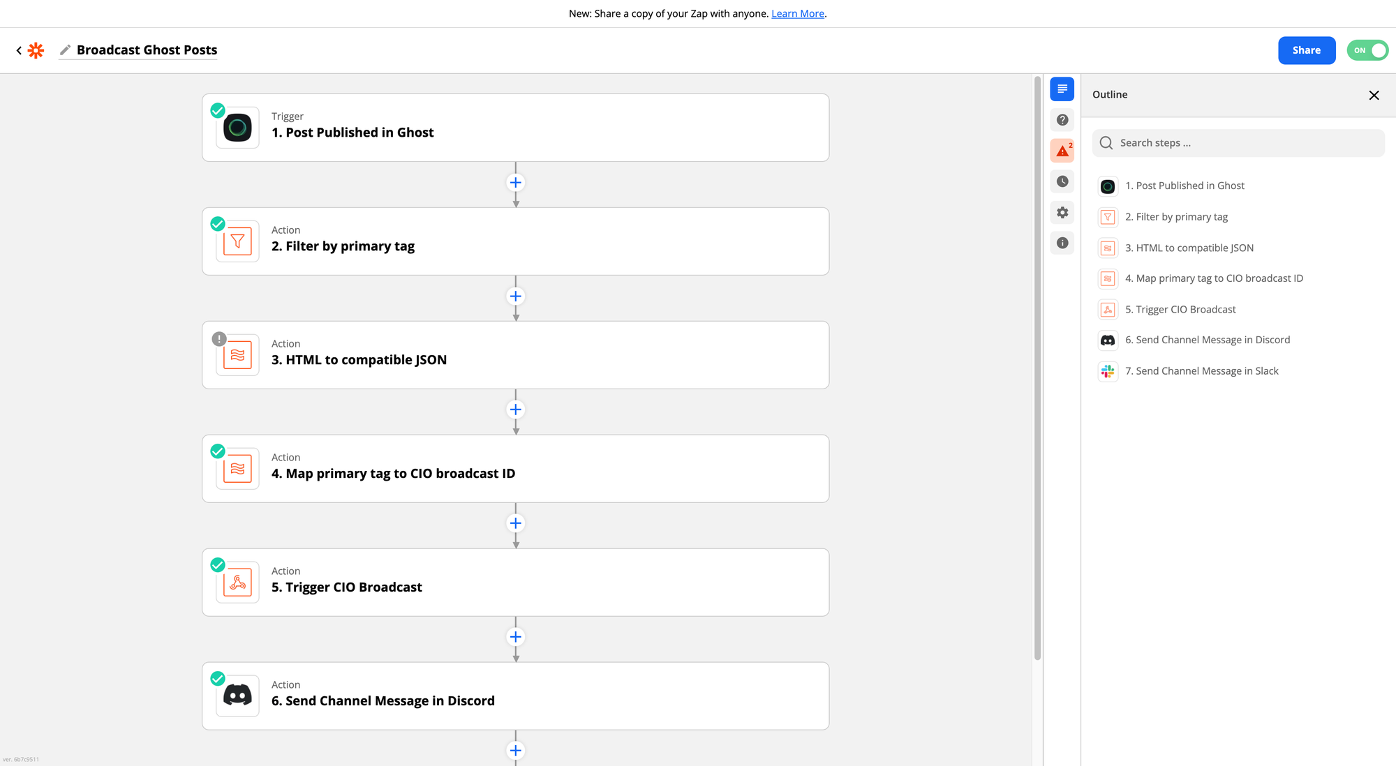 Zapier workflow for Ghost to Customer.io