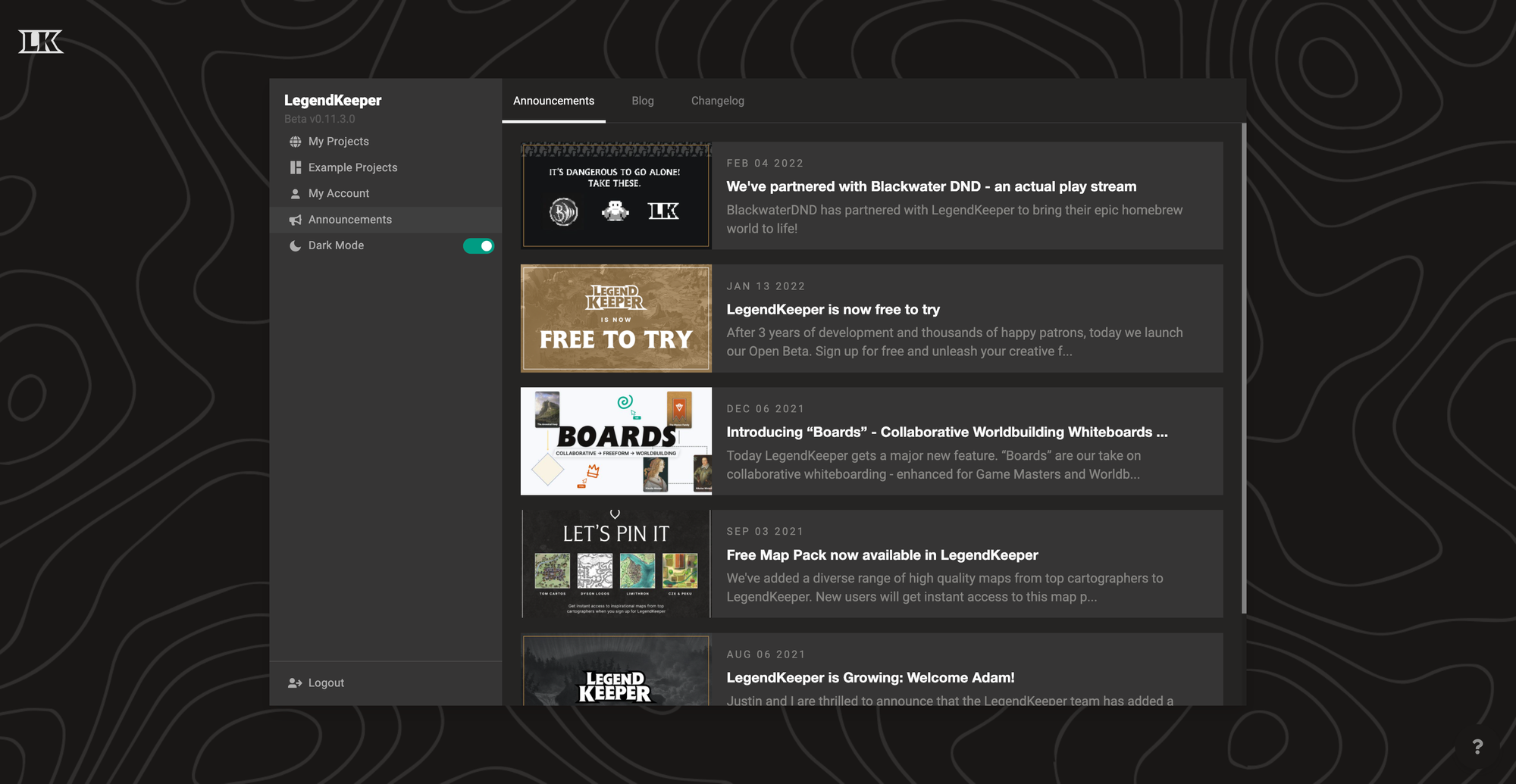 Blog feed and changelog in the LegendKeeper app.