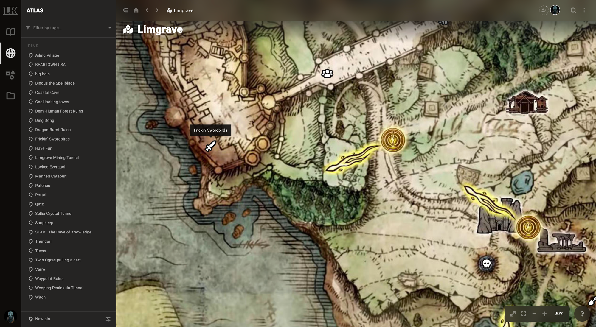 Map of Elden Ring with notes in LegendKeeper.