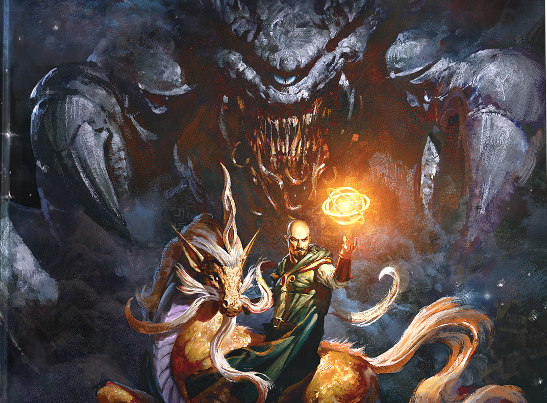 This image shows a sorcerer casting a spell, whilst riding a horned beast in the shadow of an enormous monster.