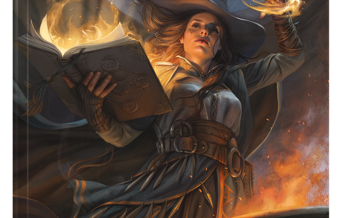 This image depicts a powerful, blonde-haired wizard in the middle of casting a spell from her book.