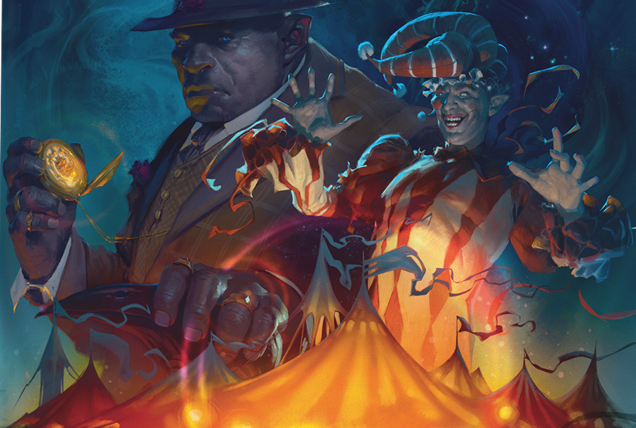 This image shows a big top tent, with a sinister-looking clown and a serious business owner.