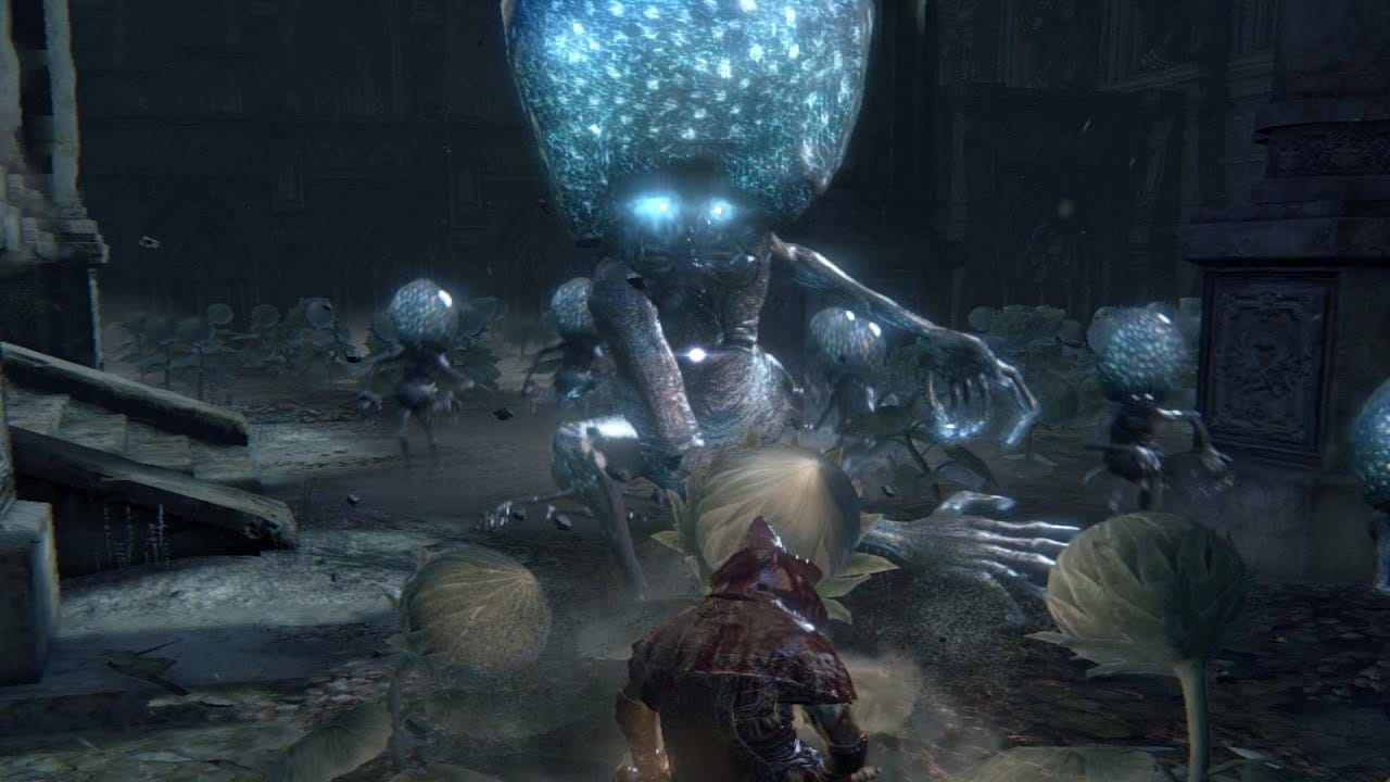 A screenshot from the video game Bloodborne featuring the Celestial Emissary boss.