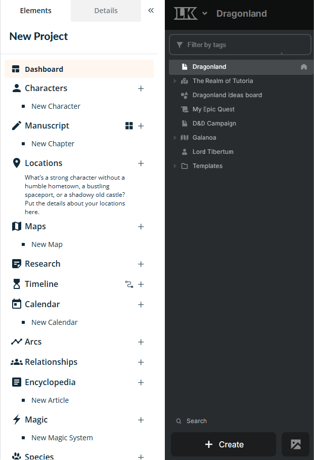 A side-by-side of screenshots from Campfire and Legendkeeper - showing their menus.