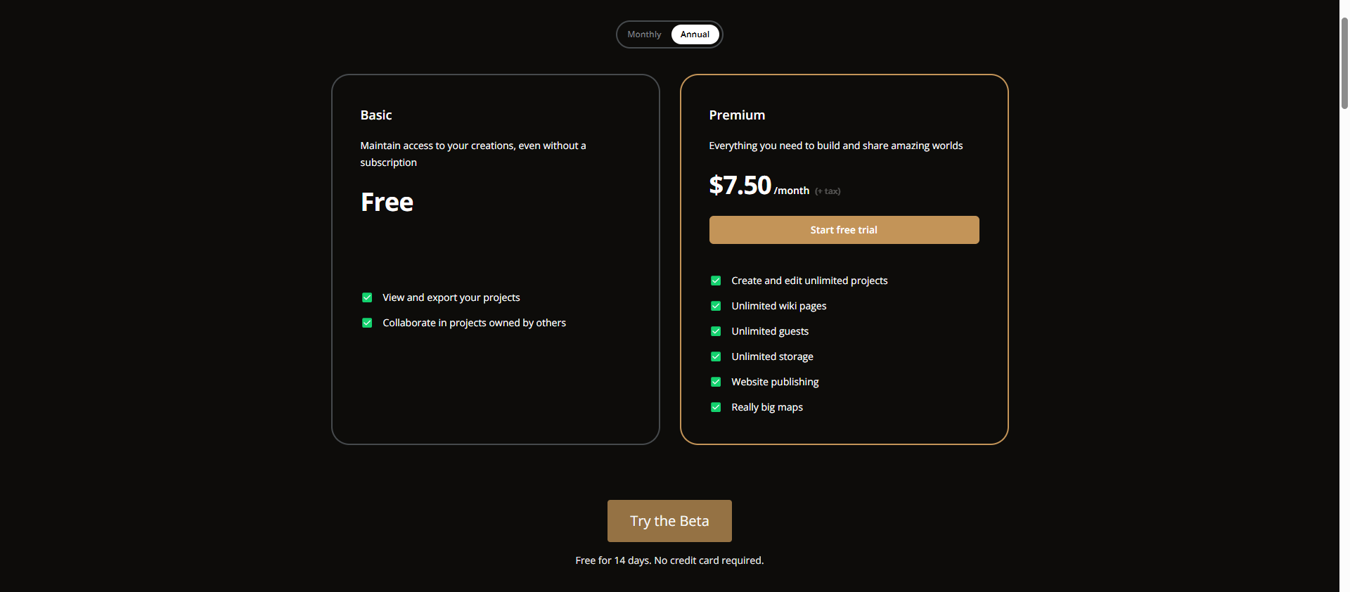 A screenshot of the Legendkeeper website, featuring its subscription model.