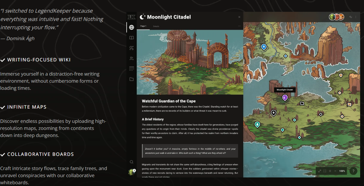 A screenshot of Legendkeeper's website, depicting some of its features.