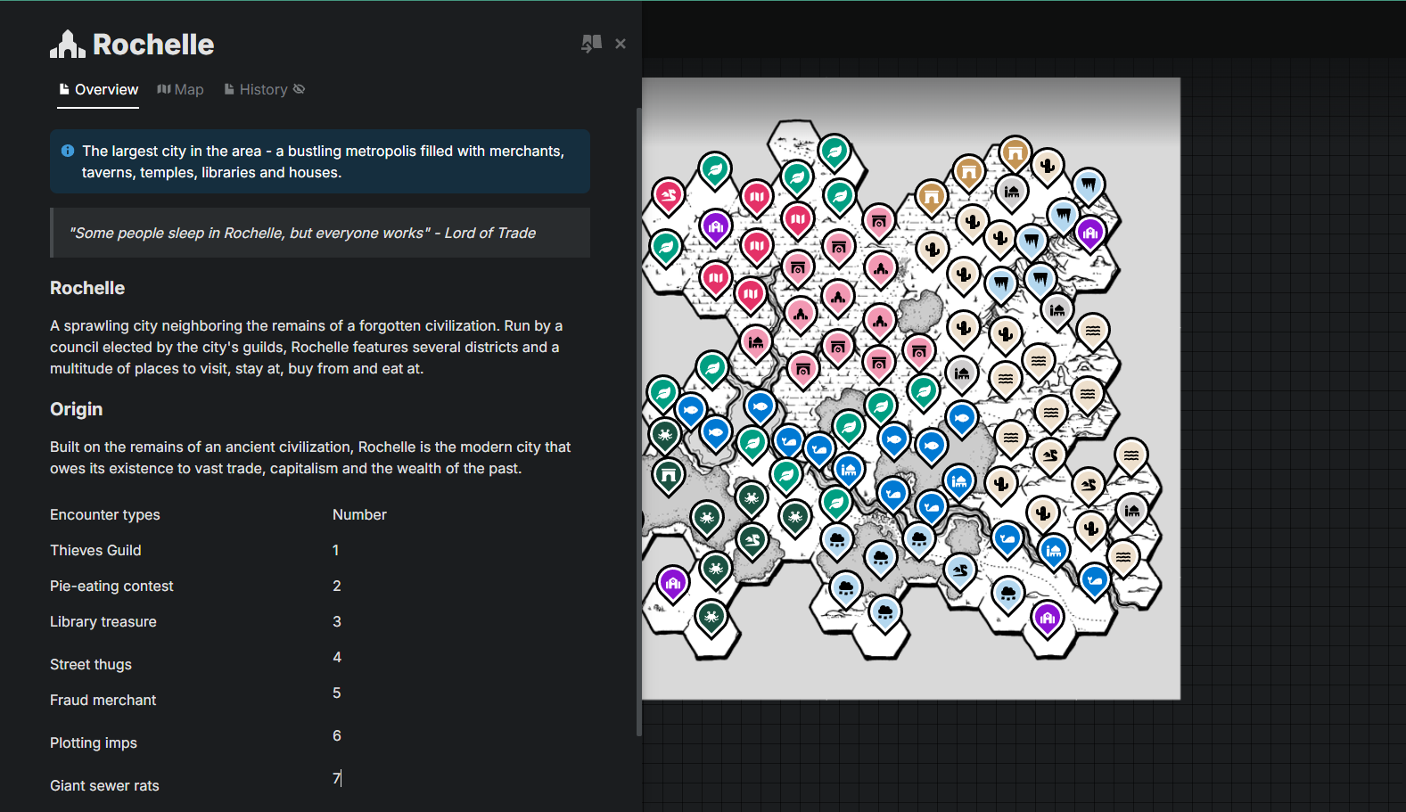 An image of a hexcrawl map made in Legendkeeper with notes about a city called Rochelle.