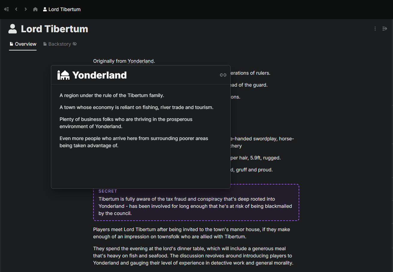A screenshot from a character page from the Legendkeeper platform