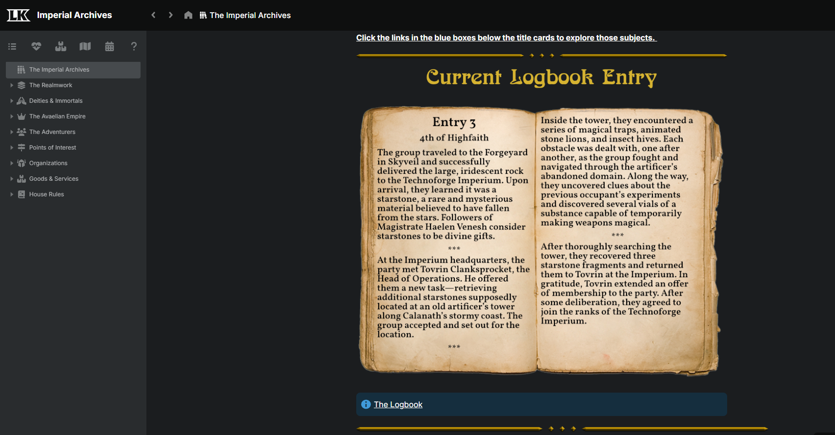 An image of a screenshot for a Legendkeeper account featuring a logbook.
