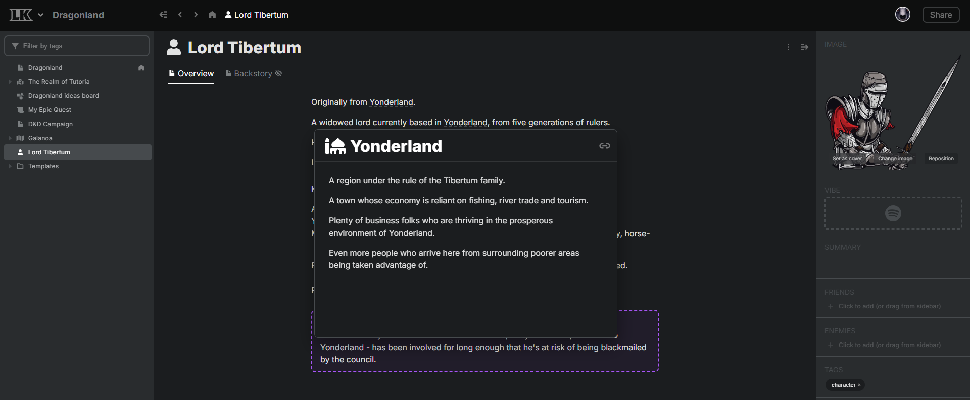 An image of a character page on Legendkeeper with a linked page open.