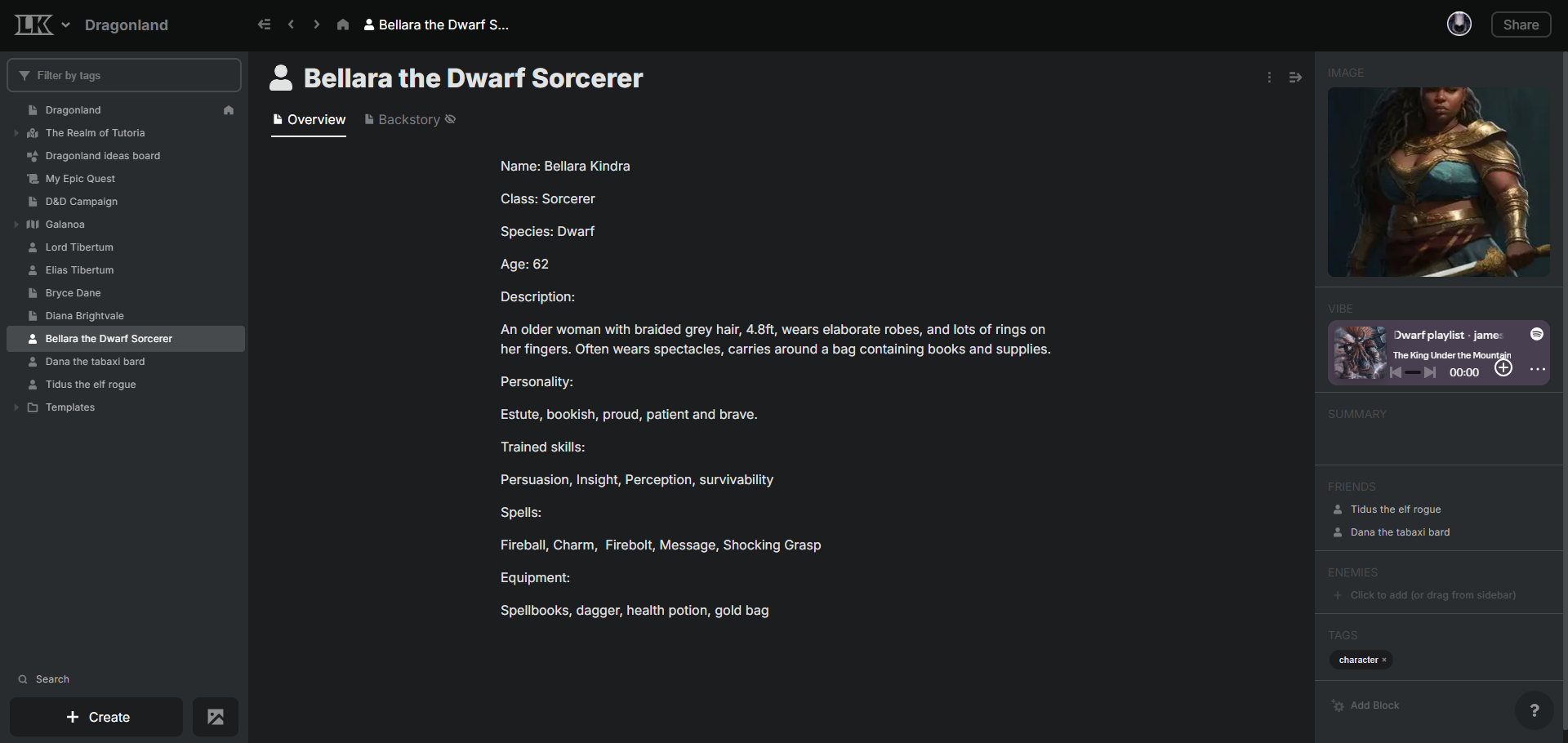 A screenshot from Legendkeeper showing a character page.