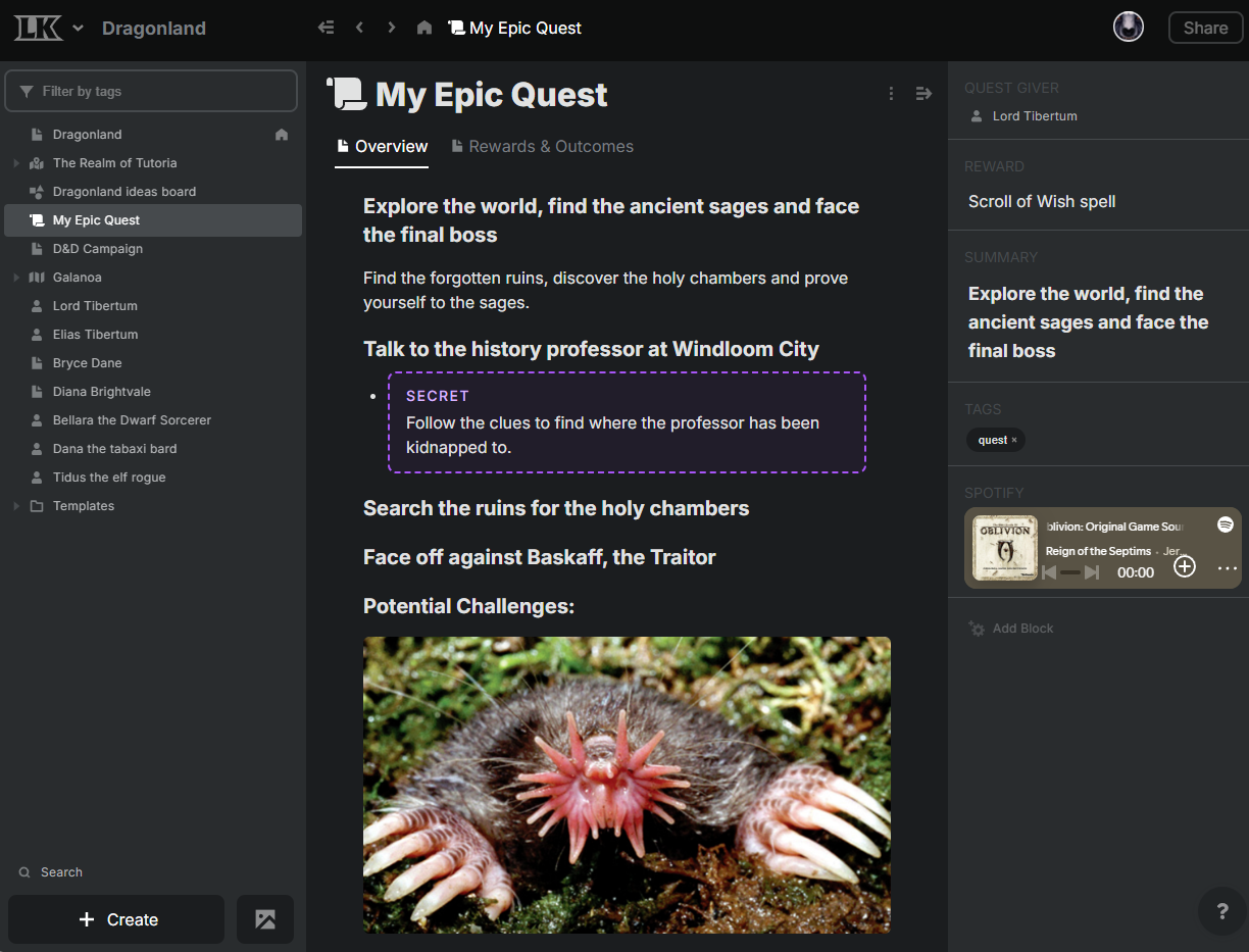 An image of a screenshot from Legendkeeper showing a quest page, with description and image of a star-nosed mole.