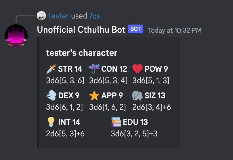 A screenshot of the Unofficial Cthulhu Bot.