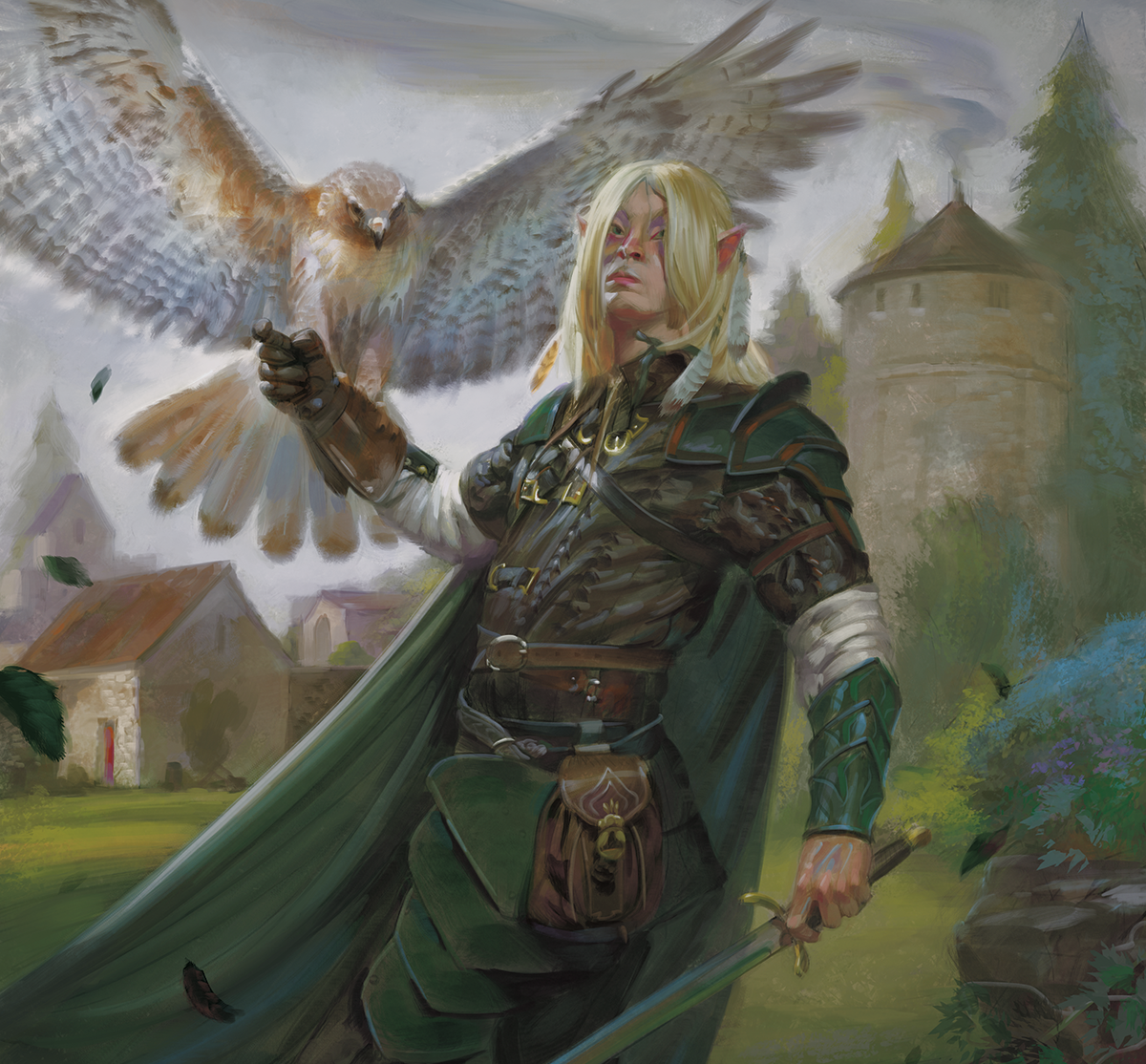 Artwork for dnd, depicting an Elf Ranger with their bird companion.