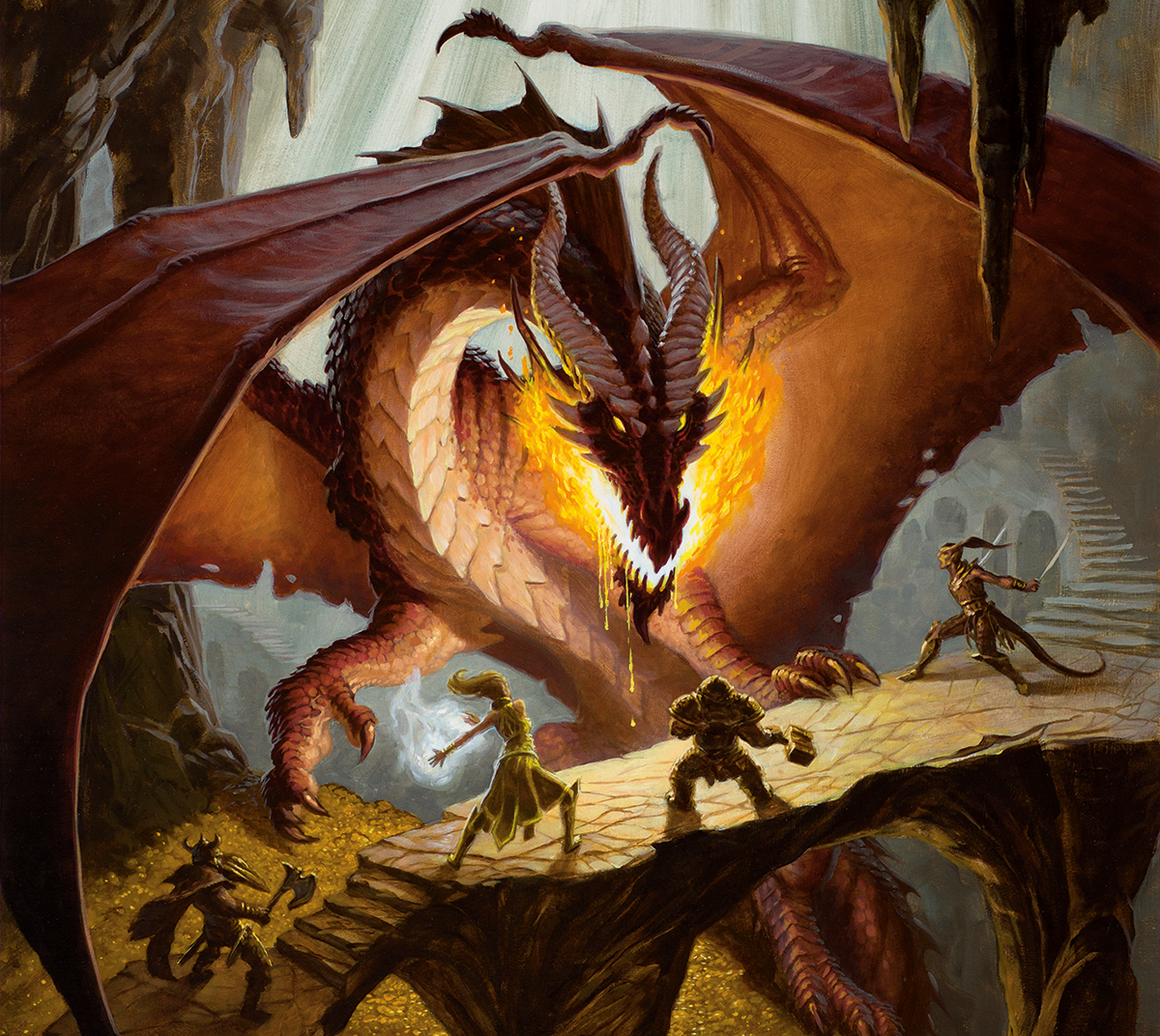 Artwork for D&D, showing a giant red dragon threatening a group of adventurers.