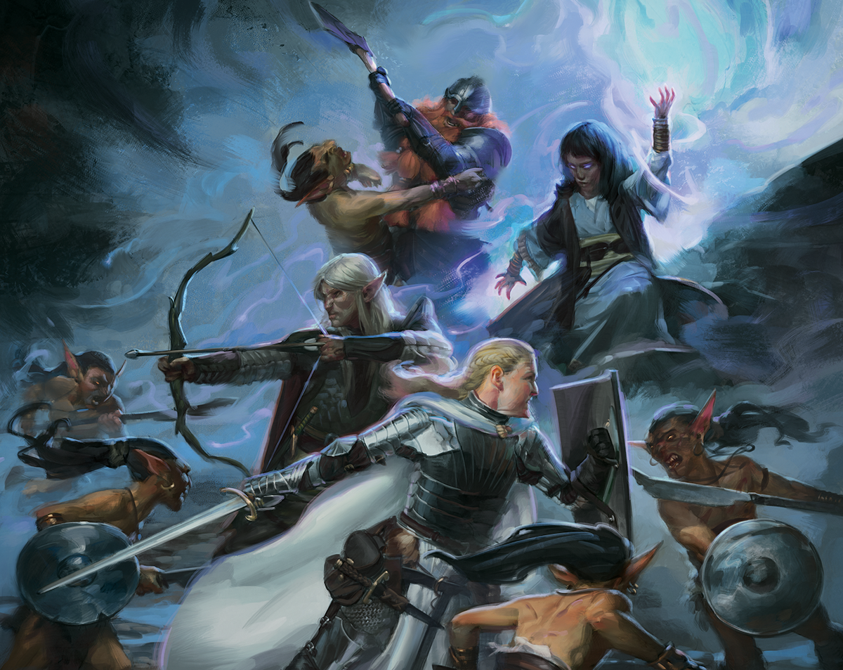 dnd artwork depicting a roleplaying party facing off against a band of goblins