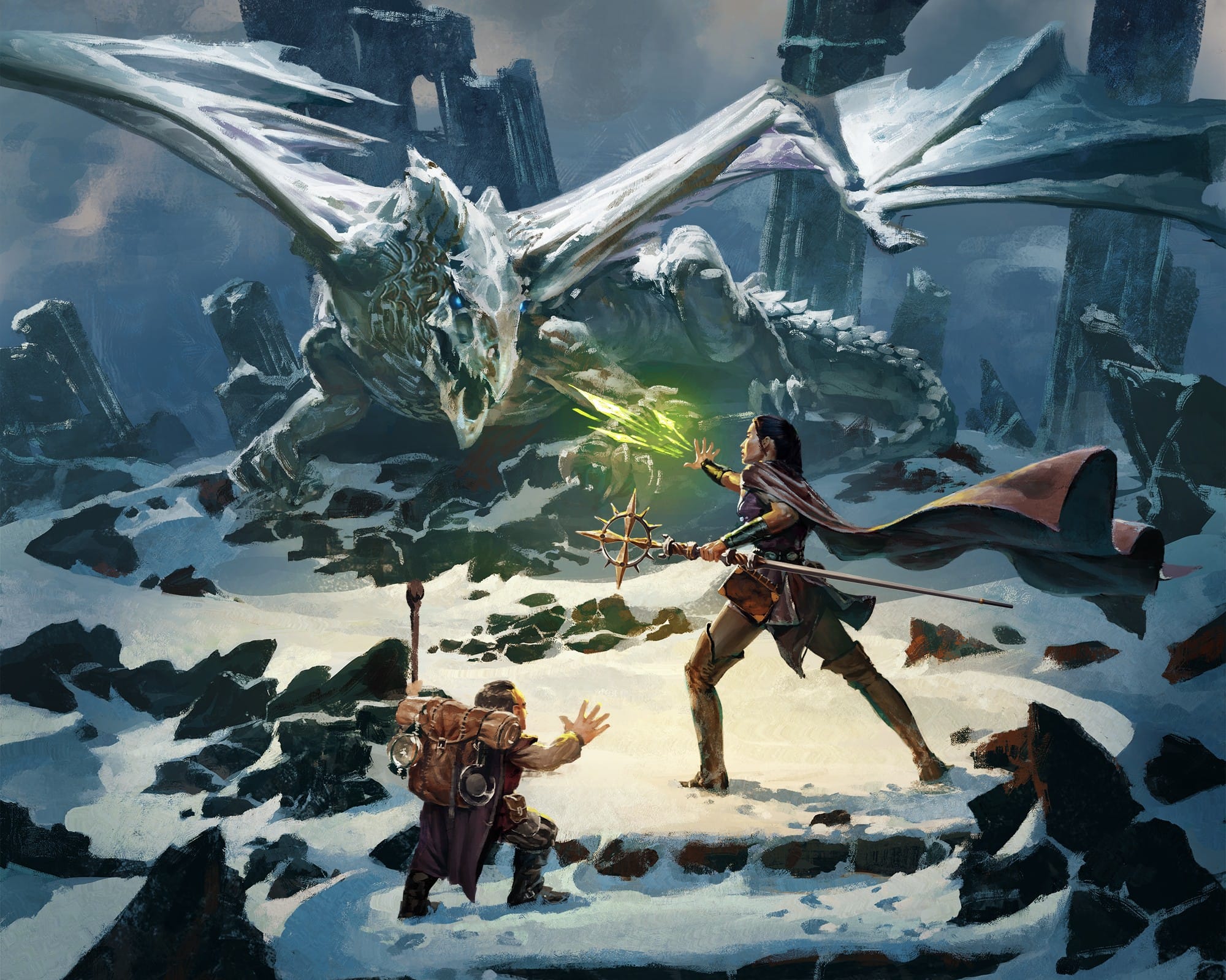 Artwork for D&D, featuring two adventurers standing against an ice dragon.