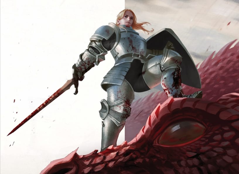 Artwork for Daggerheart with a warrior defeating a red dragon