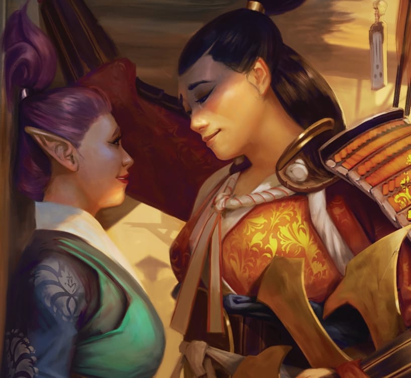 Artwork from Daggerheart depicting two characters flirting with each other