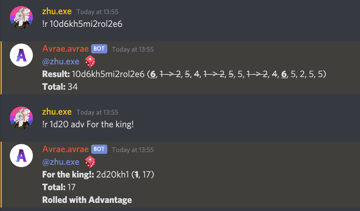 A screenshot from the Discord Bot Avrae.